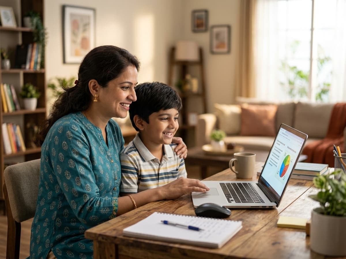 An Indian mother and her son smiling and learning mathematics online using a laptop screen